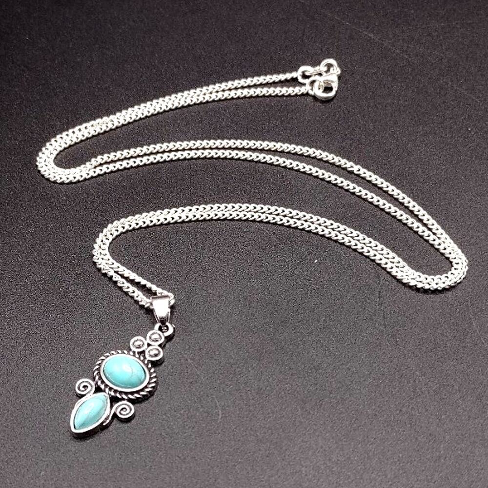 925 Silver Necklace W/ Turquoise Oval boho Teardrop Vine Woman's Birthday Gift